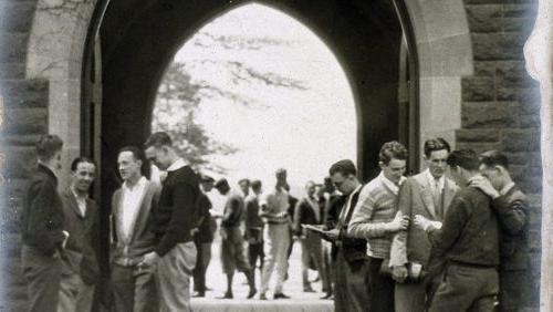 Long Walk, Trinity College (Hartford, CT): Exterior view: Jarvis and Williams archway link to Summit Street. Circa 1935