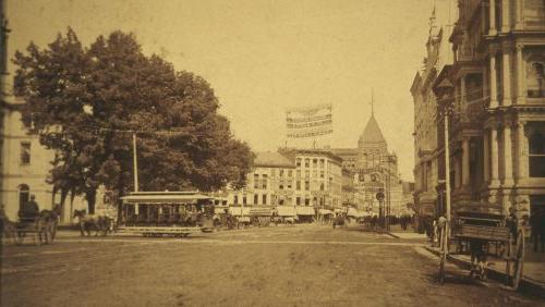 Downtown Hartford in 1888. Banners for Prohibition and in favor of Benjamin Harrison for president are in the distance.