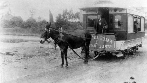 Example of a horse-drawn streetcar in California in 1893.