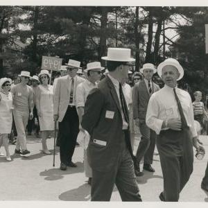Classes of 1948 and 1949 marching on quad (Trinity College, Hartford Connecticut), 1968
